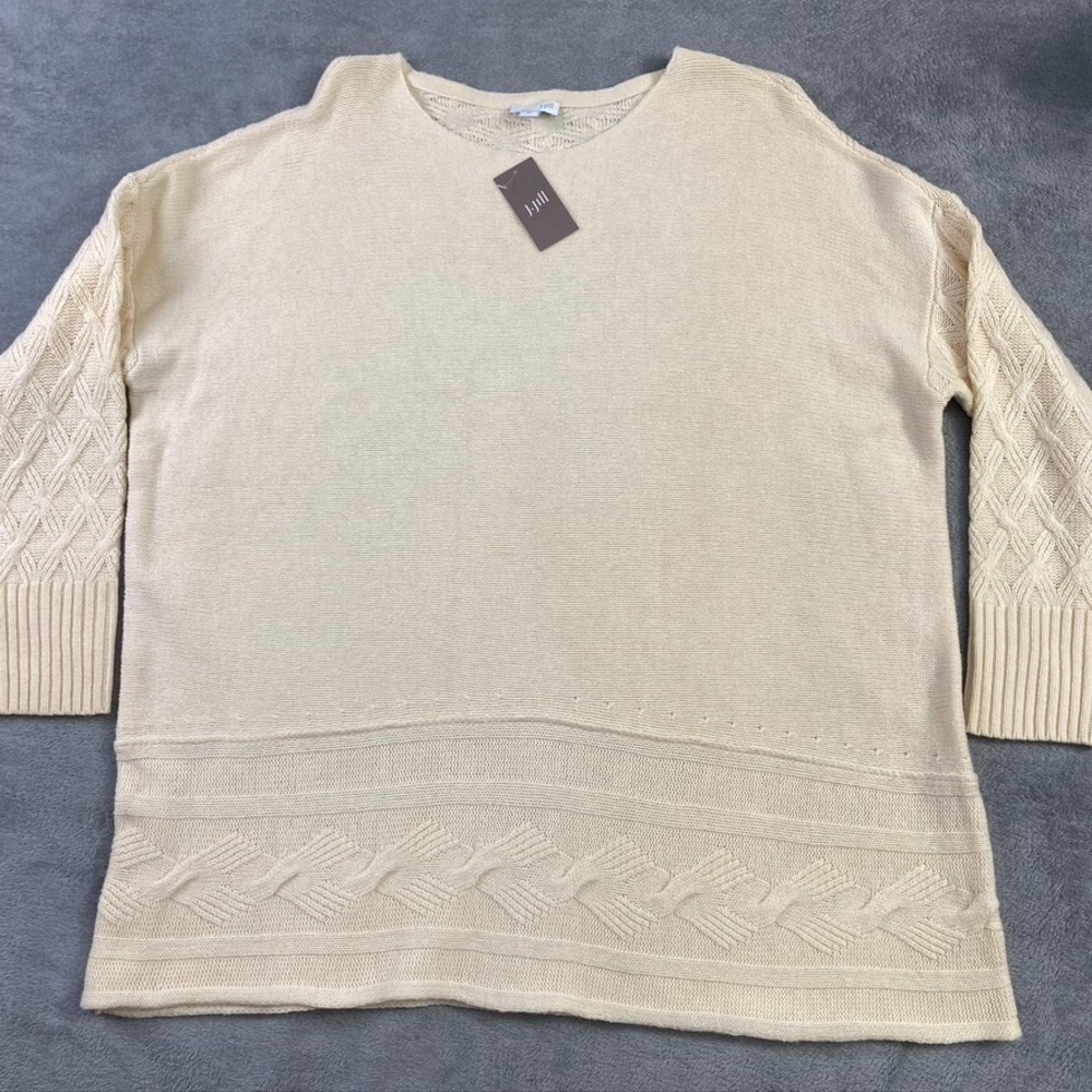 J Jill Sweater Womens ML Cream Wool Blend Textured 3/4 Sleeve Pullover Casual‎